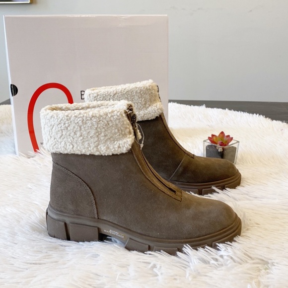 $160 NEW BLONDO x Zappos Plaza Taupe Suede Faux Fur heel ankle bootie women’s 7 - Picture 4 of 8